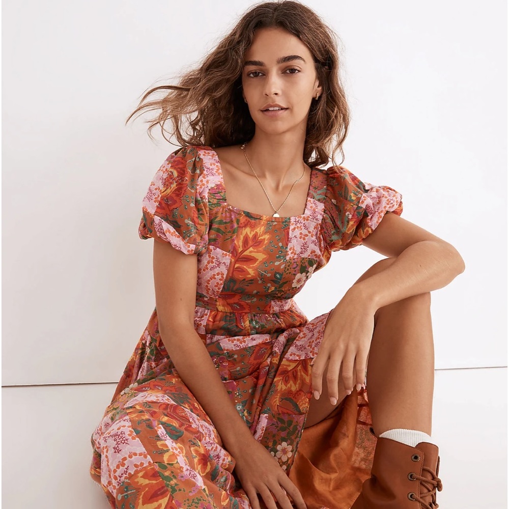 BANJANAN Voile Dragon Print Dress In Patchwork Floral Autumn Rust Pink SZ Small